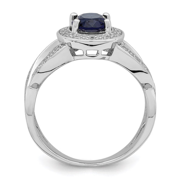 Rhodium-Plated Sterling Silver Ring, Dark Blue Glass, Cubic Zirconia