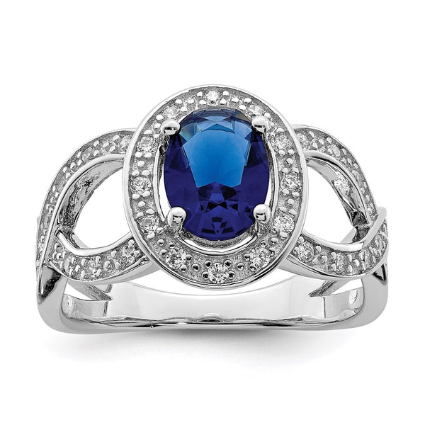 Rhodium-Plated Sterling Silver Ring, Dark Blue Glass, Cubic Zirconia