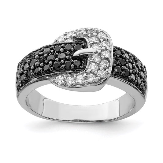 Shop Rhodium-Plated Sterling Silver Buckle Ring - Stylish Black & Clear CZ Accents
