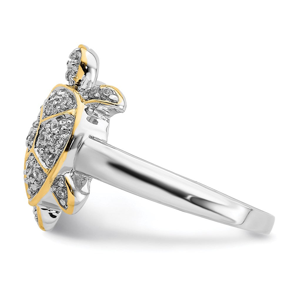 High-Quality Rhodium-Plated Sterling Silver Turtle Ring with CZ Accents