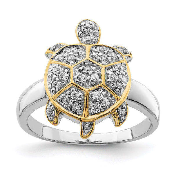 Rhodium-Plated Sterling Silver Turtle Ring - CZ Accents
