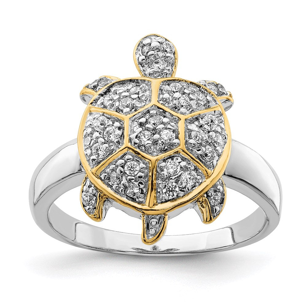 High-Quality Rhodium-Plated Sterling Silver Turtle Ring with CZ Accents