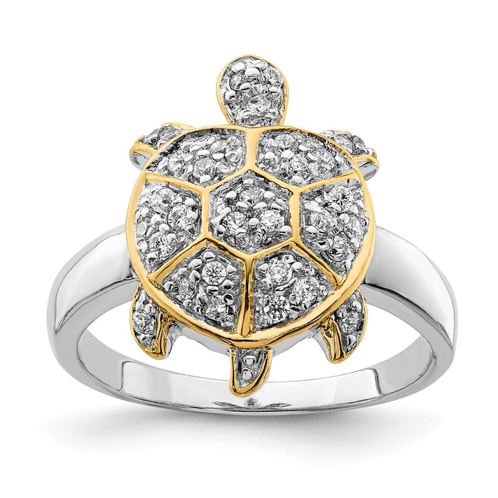 High-Quality Rhodium-Plated Sterling Silver Turtle Ring with CZ Accents-1