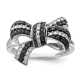 Buy Stylish Rhodium-Plated Sterling Silver Bow Ring with Black & White Diamonds