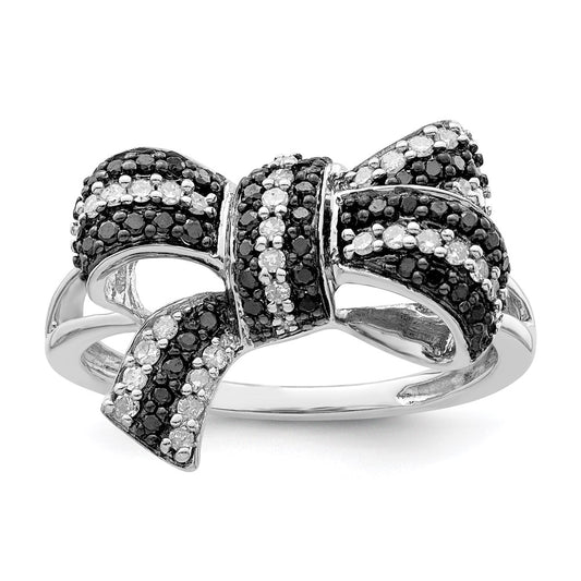 Buy Stylish Rhodium-Plated Sterling Silver Bow Ring with Black & White Diamonds