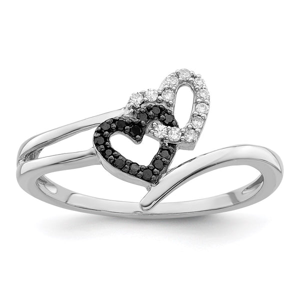 Sterling Silver Double Heart Ring - 14K Rhodium-Plated Diamonds