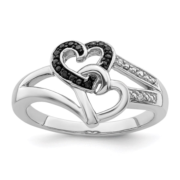 Rhodium-Plated Sterling Silver Heart Ring with Black & White Diamonds