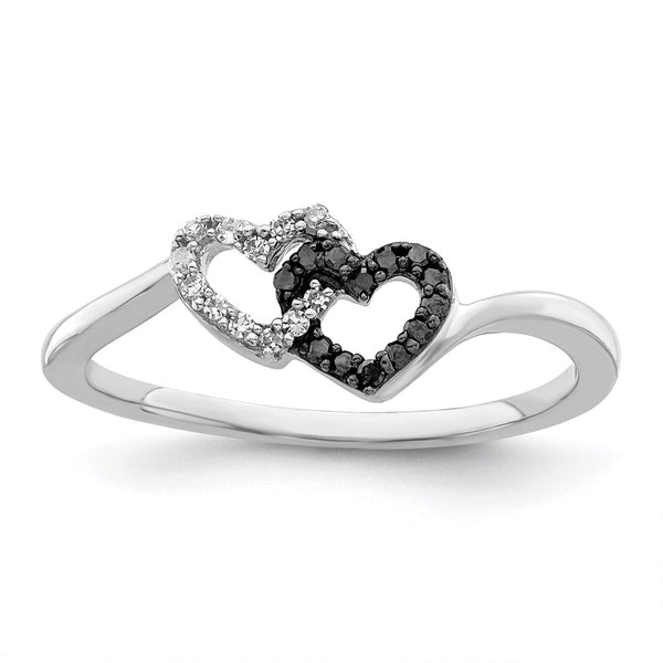 Shop Stylish Sterling Silver Double Heart Ring with Black & White Diamonds - 14K Gold Rhodium-Plated, Affordable Luxury!