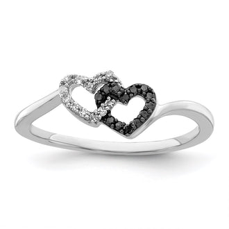 Exclusive Sterling Silver Double Heart Ring with Black & White Diamonds - Stylish & Affordable