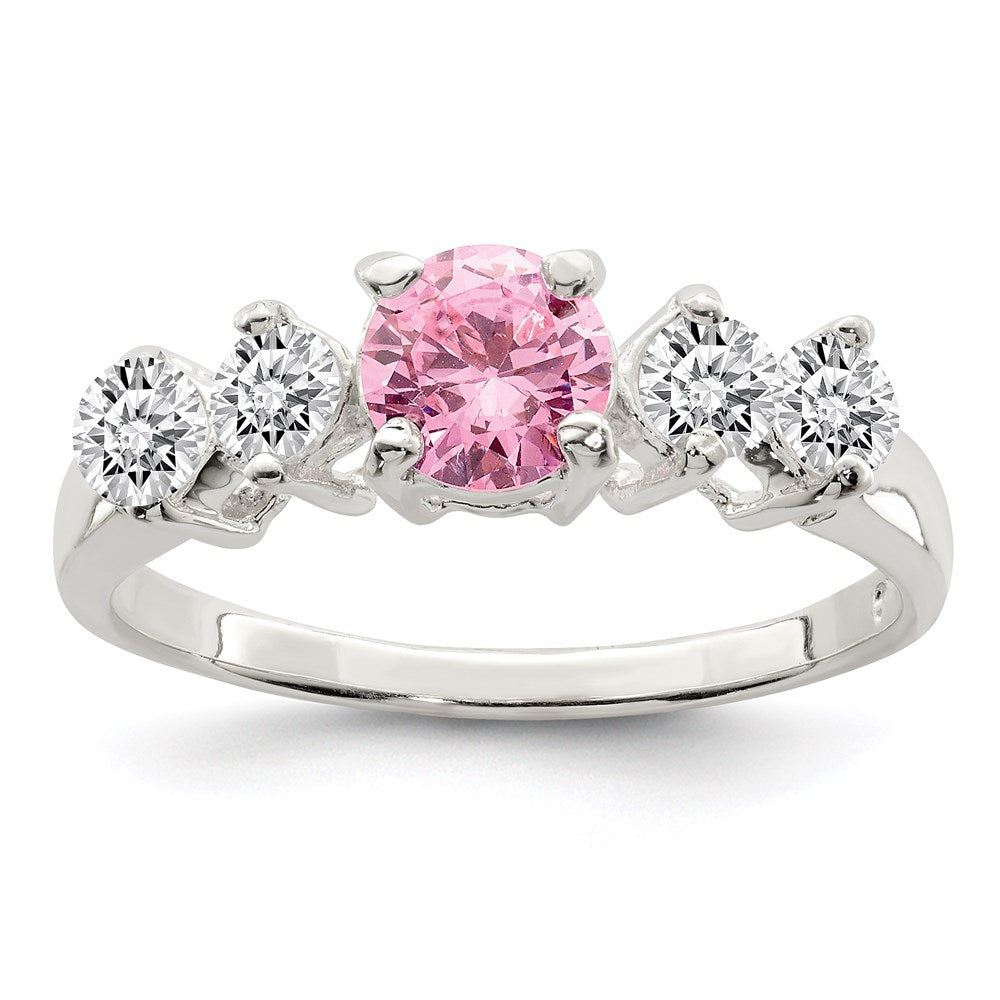 High-Quality Sterling Silver Pink Round CZ Ring with Side Stones - Stylish Value!
