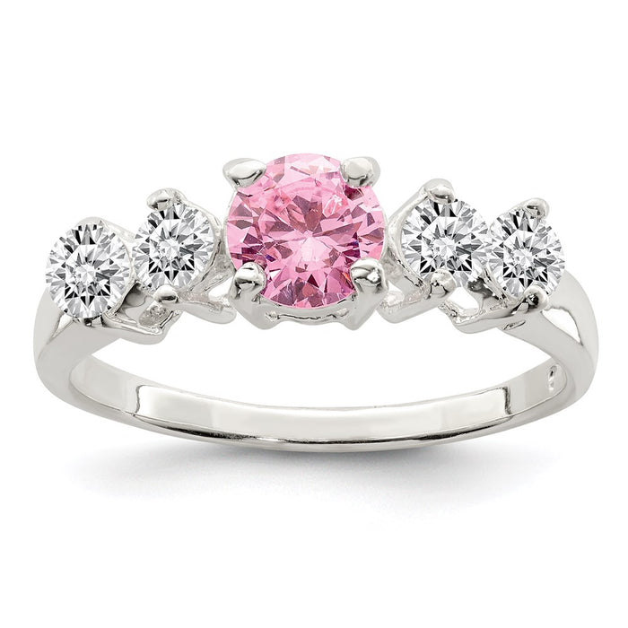 High-Quality Sterling Silver Pink Round CZ Ring with Side Stones - Stylish Value!-1