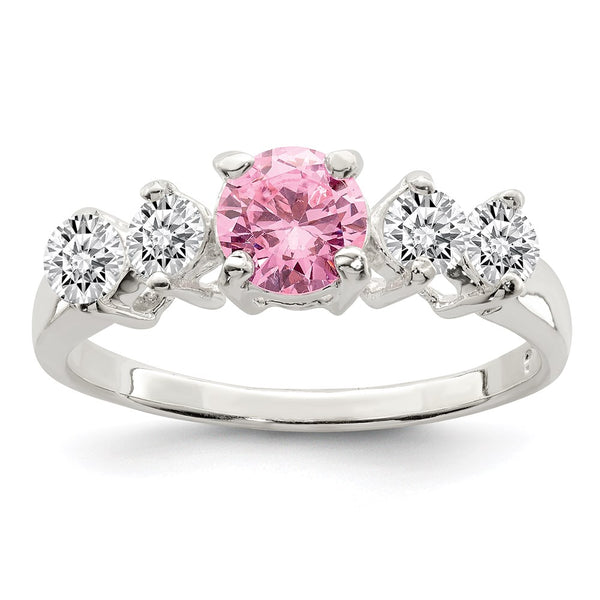 Sterling Silver Pink Round CZ Ring with Side Stones