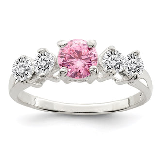 High-Quality Sterling Silver Pink Round CZ Ring with Side Stones - Stylish Value!