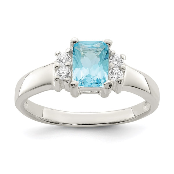 Sterling Silver Ring - 14K, Light Blue White CZ