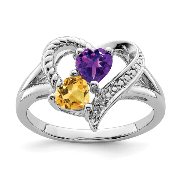 Sterling Silver Rhodium-Plated Amethyst & Citrine Diamond Ring