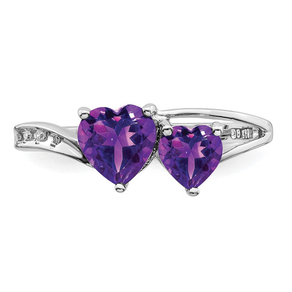 Rhodium-Plated Sterling Silver Heart Ring with Diamonds & Amethyst