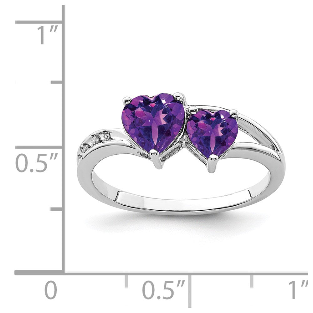 High-Quality Rhodium-Plated Sterling Silver Heart Ring with Diamonds & Amethyst - Affordable Luxury