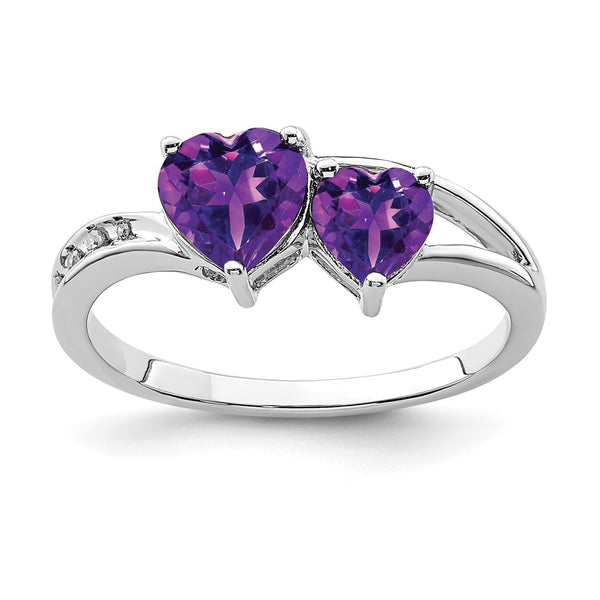Rhodium-Plated Sterling Silver Heart Ring with Diamonds & Amethyst