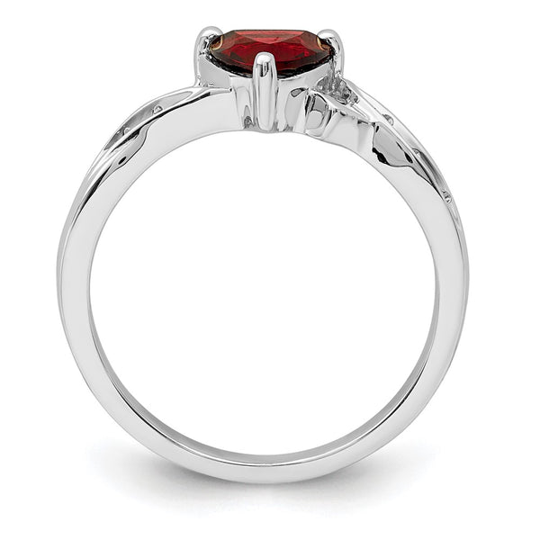 Rhodium-Plated Sterling Silver Heart Ring with Diamond & Garnet Accents