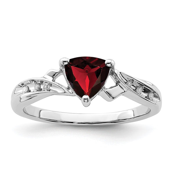 Rhodium-Plated Sterling Silver Heart Ring with Diamond & Garnet Accents
