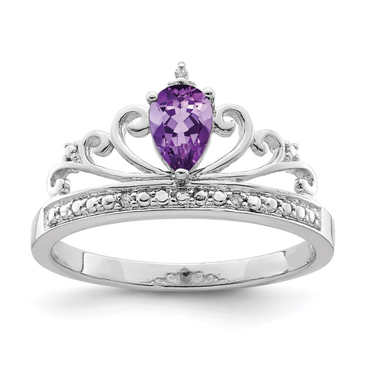 High-Quality Rhodium-Plated Sterling Silver Teardrop Ring with Diamonds & Amethyst - Affordable Luxury!