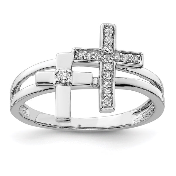 Rhodium-Plated Sterling Silver Diamond Cross Ring