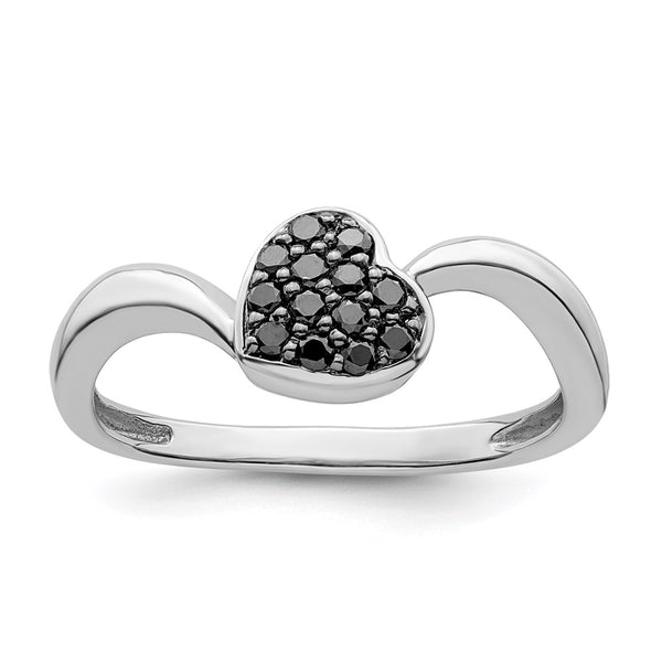 Rhodium-Plated Sterling Silver Heart Ring with Black Diamonds