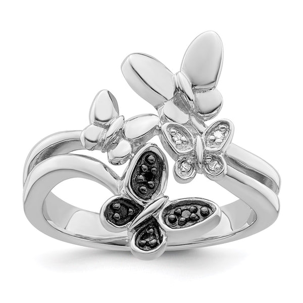 Sterling Silver Butterfly Ring with Black & White Diamonds - 14K Rhodium-Plated
