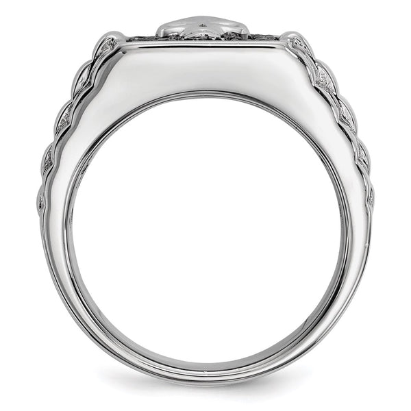 Men's Square Skull Ring, 14K Sterling Silver Black Diamonds