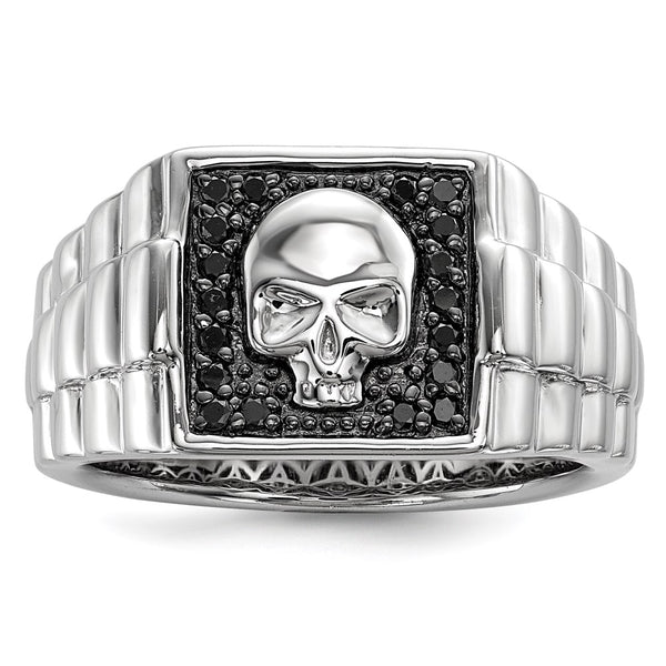 Men's Square Skull Ring, 14K Sterling Silver Black Diamonds