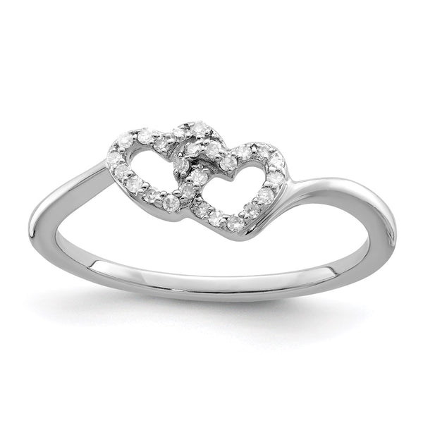 Rhodium-Plated Sterling Silver Double Heart Diamond Ring - 14K