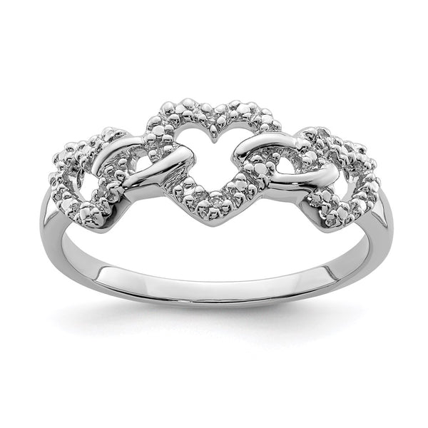 Rhodium-Plated Sterling Silver Triple Heart Diamond Ring - 14K Gold