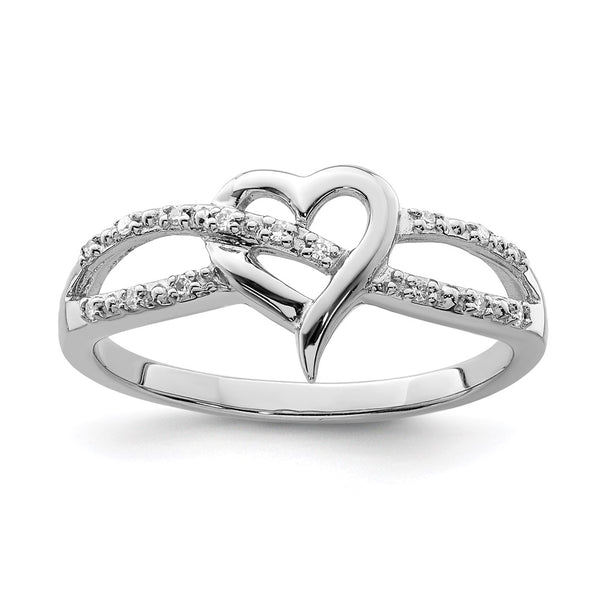 Rhodium-Plated Silver Heart Ring with Diamond Accents