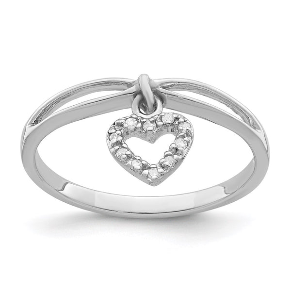 Rhodium-Plated Sterling Silver Diamond Heart Dangle Ring