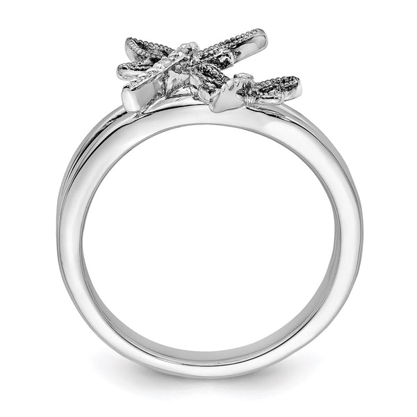 Rhodium-Plated Sterling Silver Dragonfly Ring with Diamonds