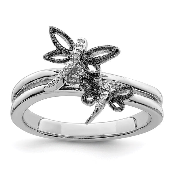 Rhodium-Plated Sterling Silver Dragonfly Ring with Diamonds