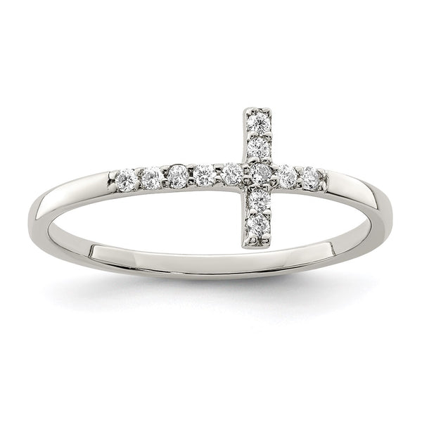 Rhodium-Plated Sterling Silver CZ Sideways Cross Ring