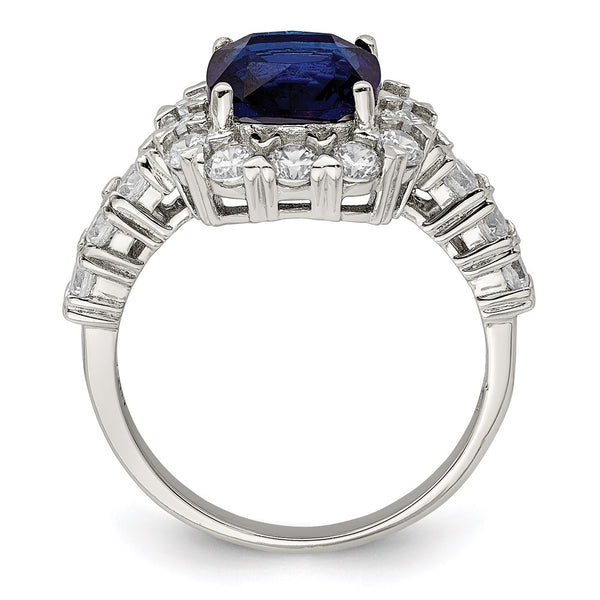 Rhodium-Plated Sterling Silver Ring with Blue Glass & CZ Accents