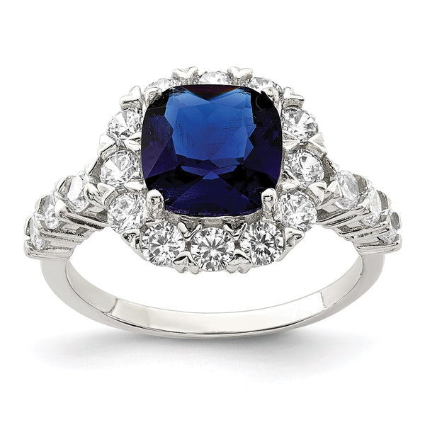 Rhodium-Plated Sterling Silver Ring with Blue Glass & CZ Accents