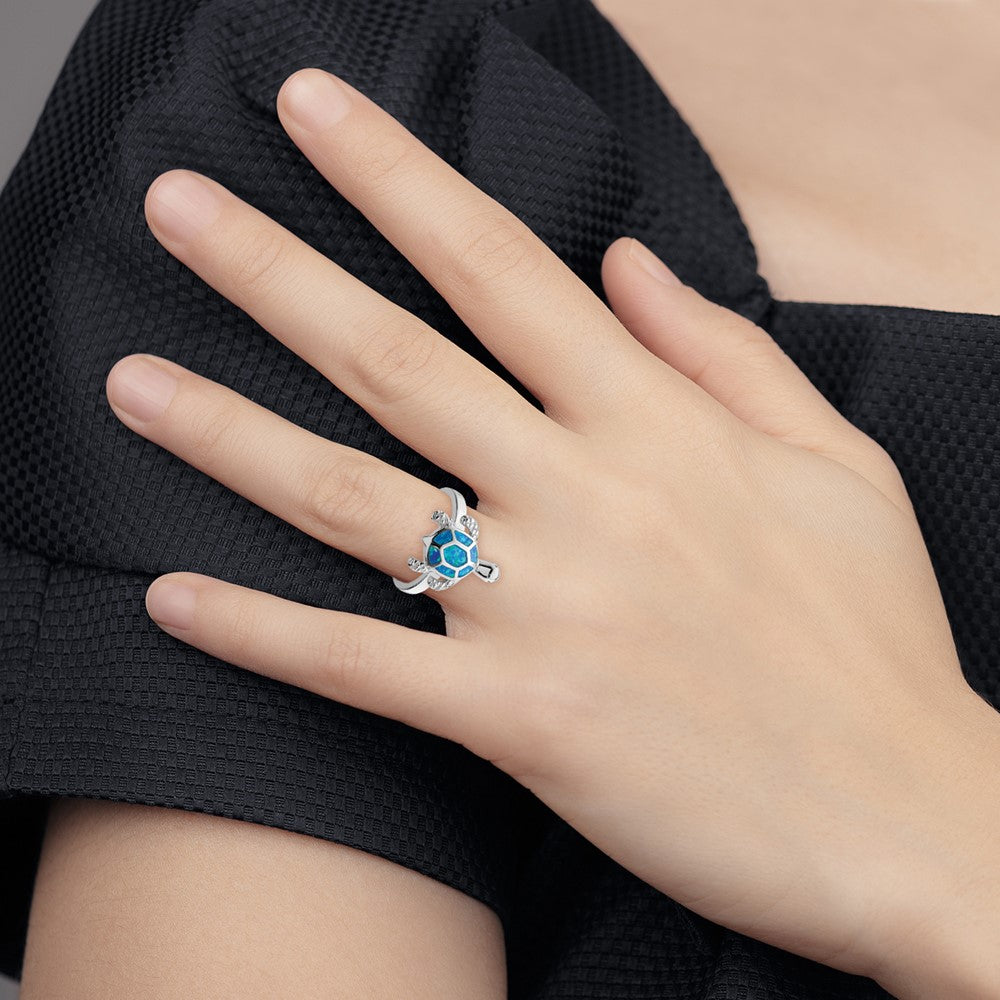 Shop Stylish Rhodium-Plated Sterling Silver Turtle Ring with Created Blue Opal
