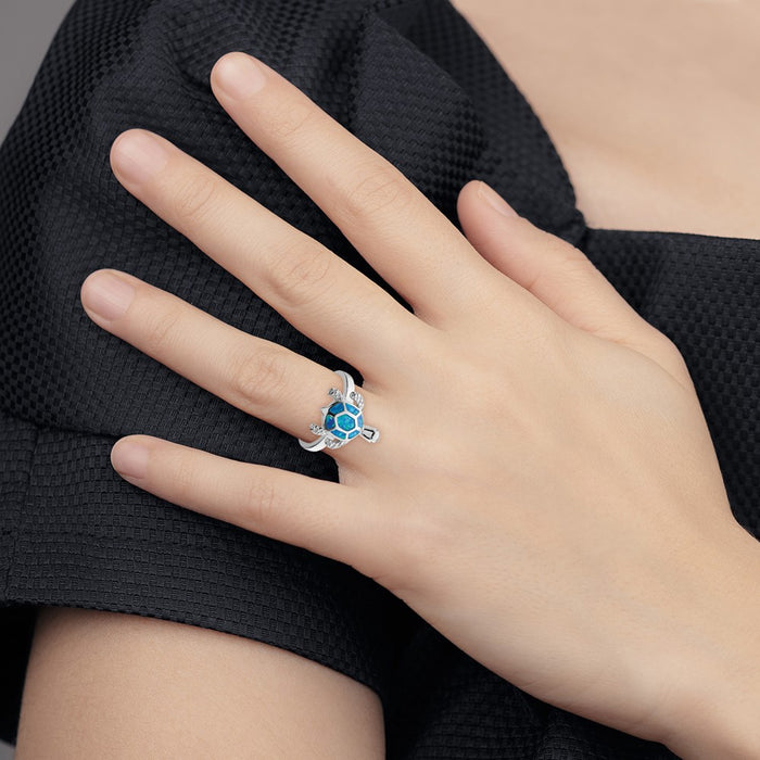 Exclusive Rhodium-Plated Sterling Silver Turtle Ring with Created Blue Opal-4