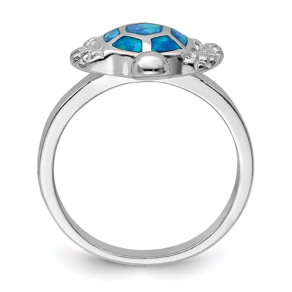 Rhodium-Plated Sterling Silver Turtle Ring with Created Blue Opal