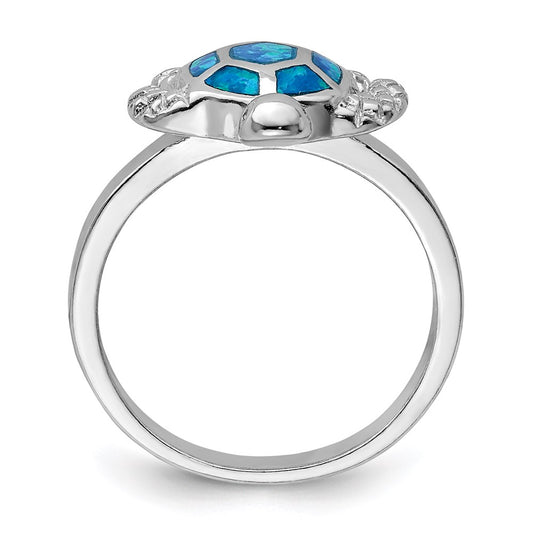 Buy Stylish Rhodium-Plated Sterling Silver Turtle Ring with Created Blue Opal