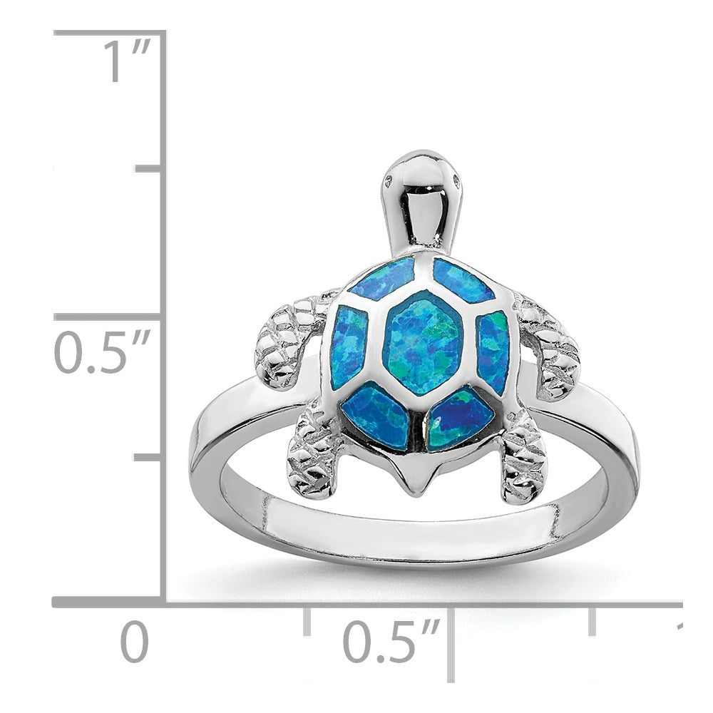 Shop Stylish Rhodium-Plated Sterling Silver Turtle Ring with Created Blue Opal