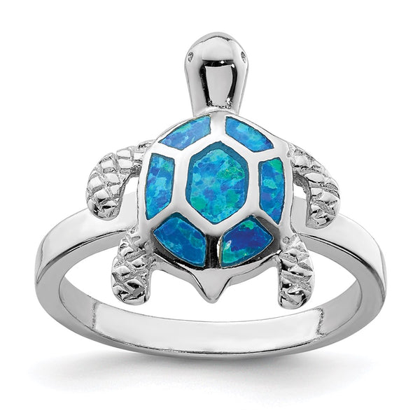 Rhodium-Plated Sterling Silver Turtle Ring with Created Blue Opal