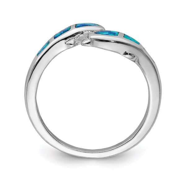 Rhodium-Plated Sterling Silver Dolphin Ring with Blue Opal