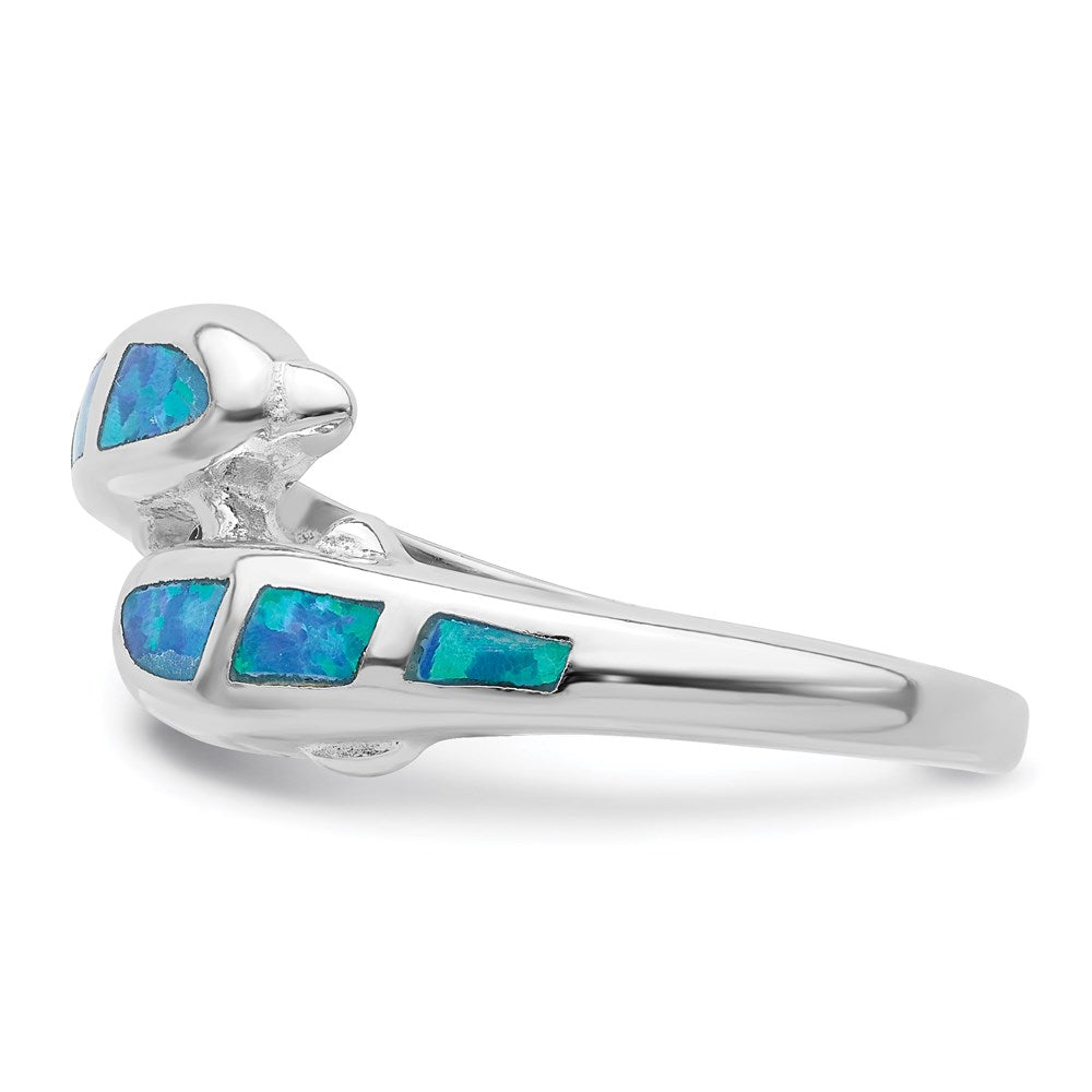 Buy Stylish Rhodium-Plated Sterling Silver Ring with Created Blue Opal Dolphins