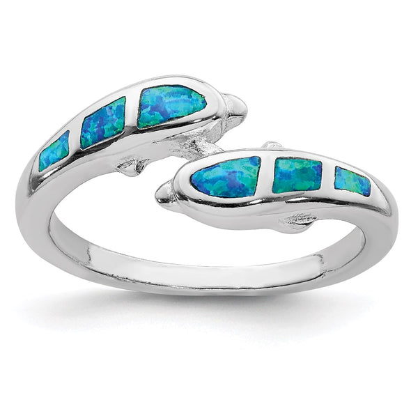 Rhodium-Plated Sterling Silver Dolphin Ring with Blue Opal