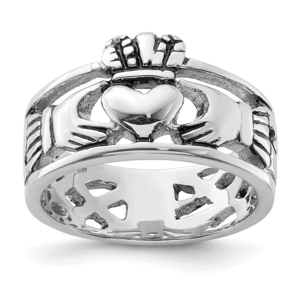 Antiqued Claddagh Ring in Rhodium-Plated Sterling Silver - Style GR1-1018038