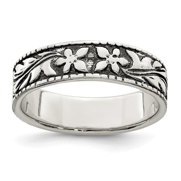 Antiqued Floral Design Sterling Silver Ring